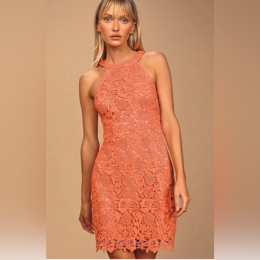 Lulus Love Poem coral lace mini dress